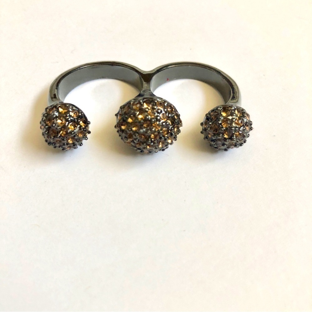 Vintage 80s Two Finger Citrine Amber Coloured Rhinestone Ring Gunmetal